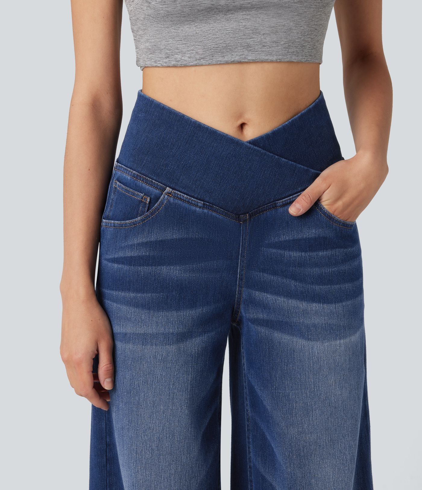 Halara Flex™ Jean large casual taille haute croisée ventre plat, avec poches