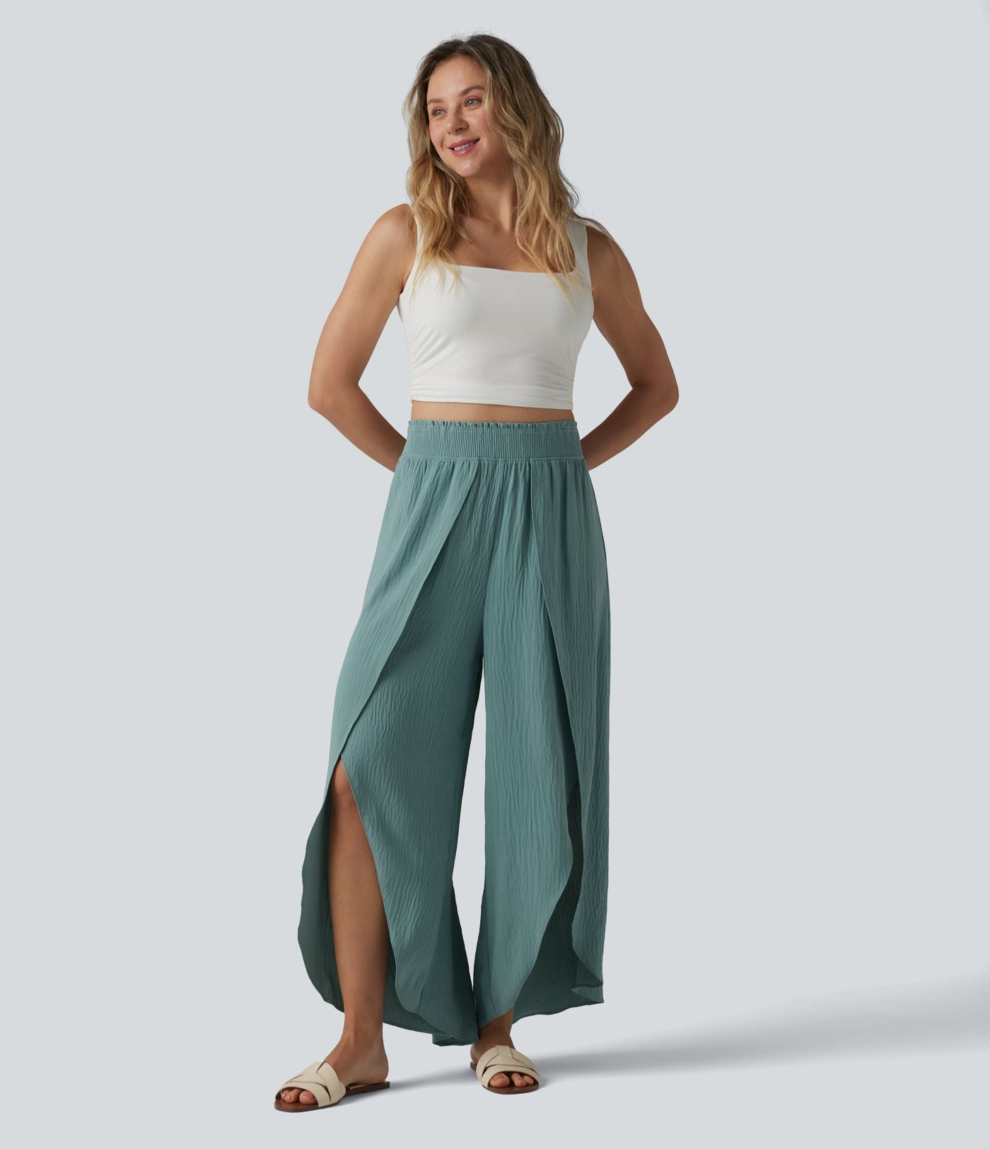 Pantalon large fluide décontracté taille haute aspect lin