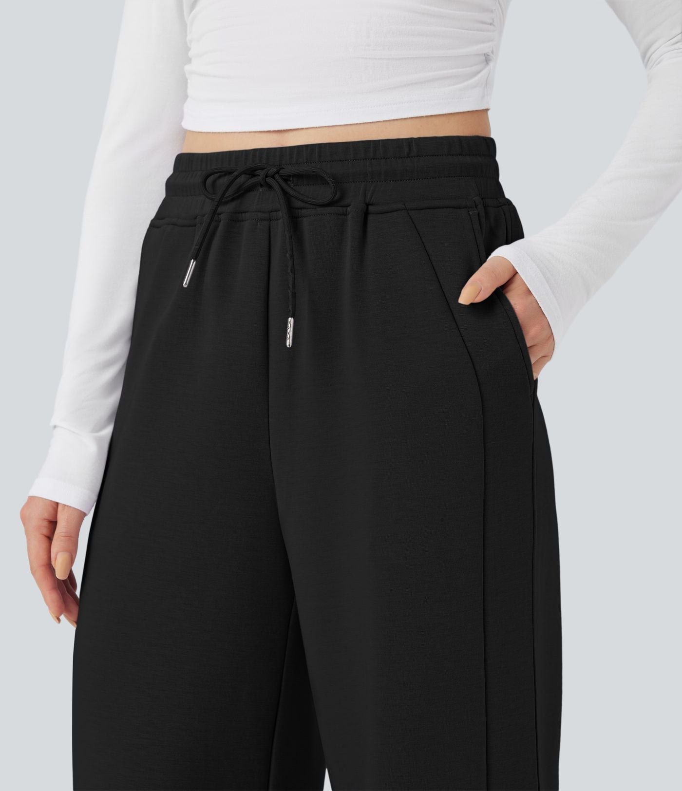 Pantalon décontracté taille haute avec cordon de serrage et poches