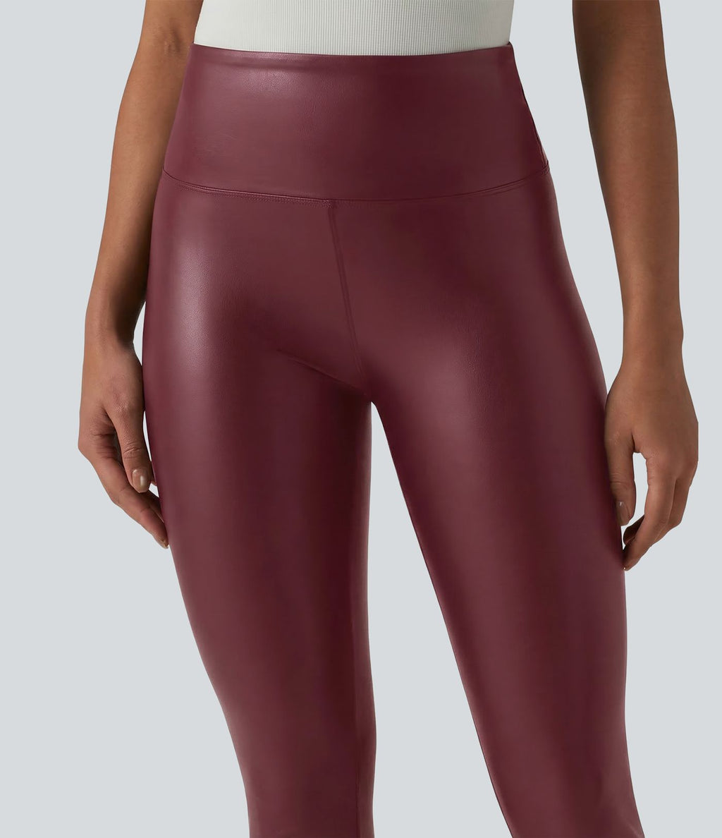 Legging casual 7/8 taille haute ventre plat en similicuir extensible, avec poches