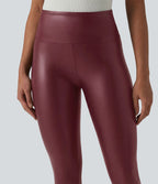 Legging casual 7/8 taille haute ventre plat en similicuir extensible, avec poches