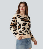 Pull col rond manches longues imprimé léopard