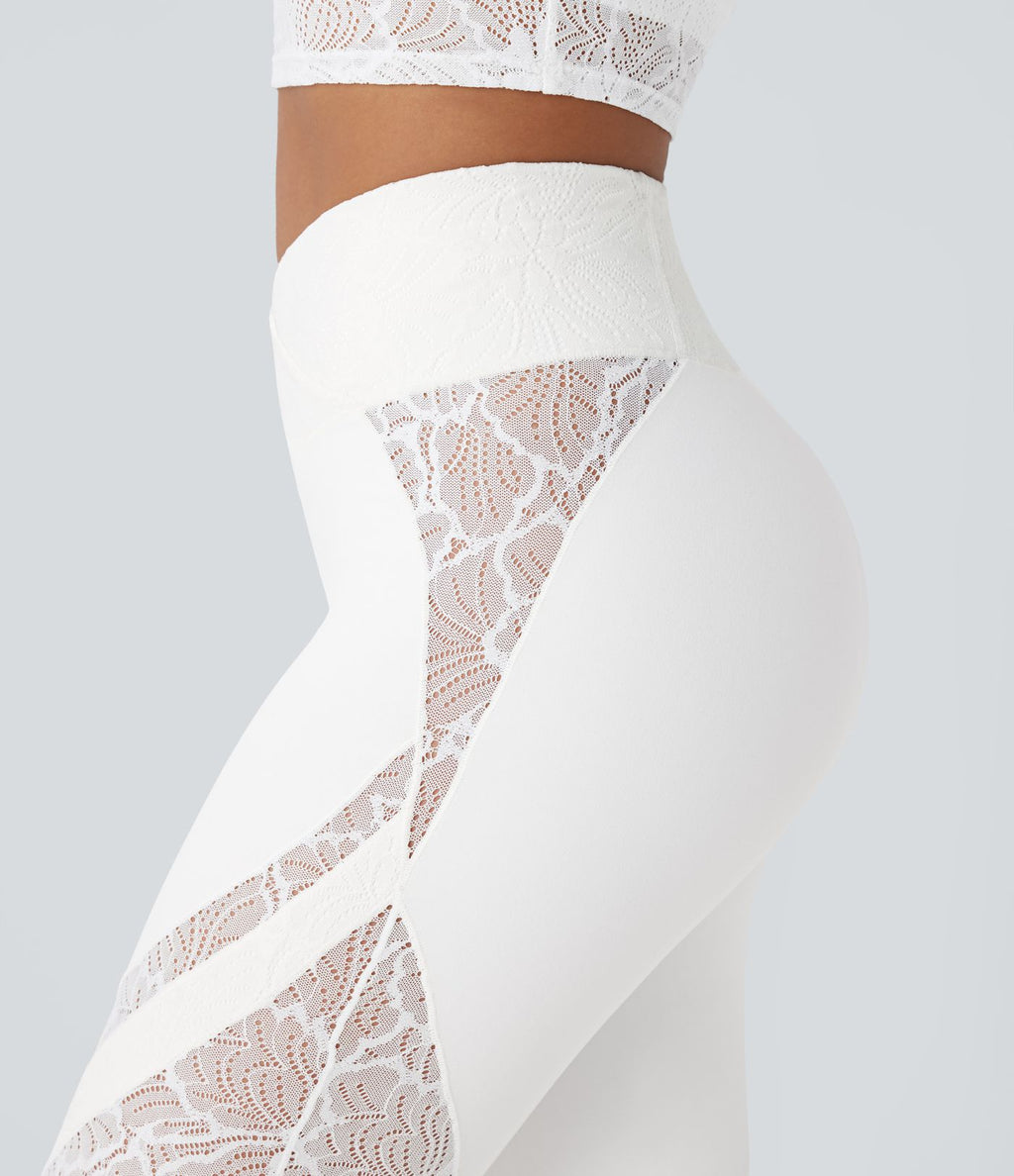 Pantalon de yoga évasé à taille haute croisée, poche arrière et dentelle