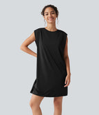Robe active mini de yoga à col rond avec coussinets amovibles, poches et protection solaire UPF 50+