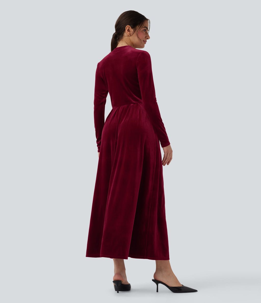 Robe longue en velours col montant manches longues avec poches