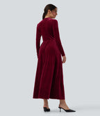 Robe longue en velours col montant manches longues avec poches