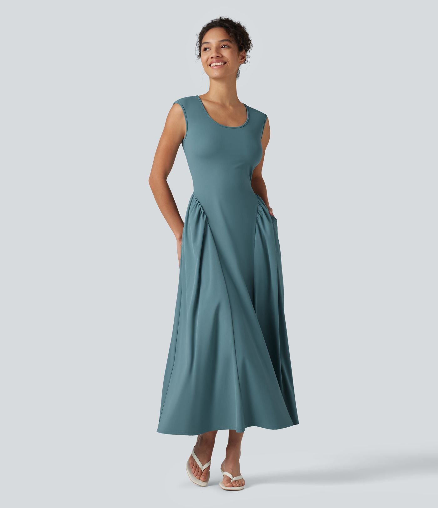 Robe longue casual fluide col U sans manches avec poches