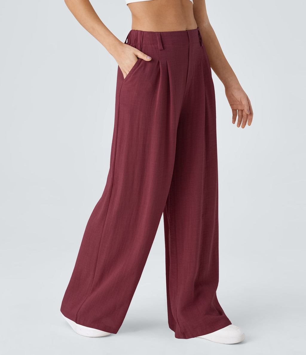 Pantalon Fluide Large Taille Haute Poches Latérales Palazzo Solide Casual Linen-Feel
