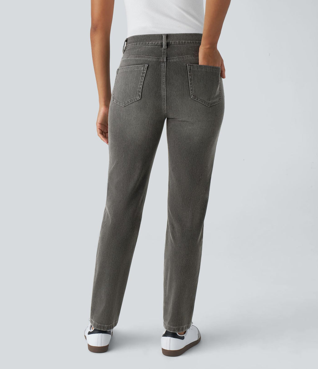 Jean droit Halara Flex™ à taille haute, poches multiples, effet délavé et tissu extensible