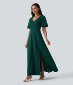 Robe longue fluide de demoiselle d'honneur et d'invitée de mariage, fendue, à manches à volants et col V profond, avec soutien-gorge intégré et poches