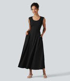 Robe longue casual fluide col U sans manches avec poches