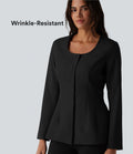 Blazer tailleur infroissable col U manches longues aspect lin