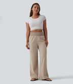 Pantalon large décontracté froncé taille haute aspect lin avec poches