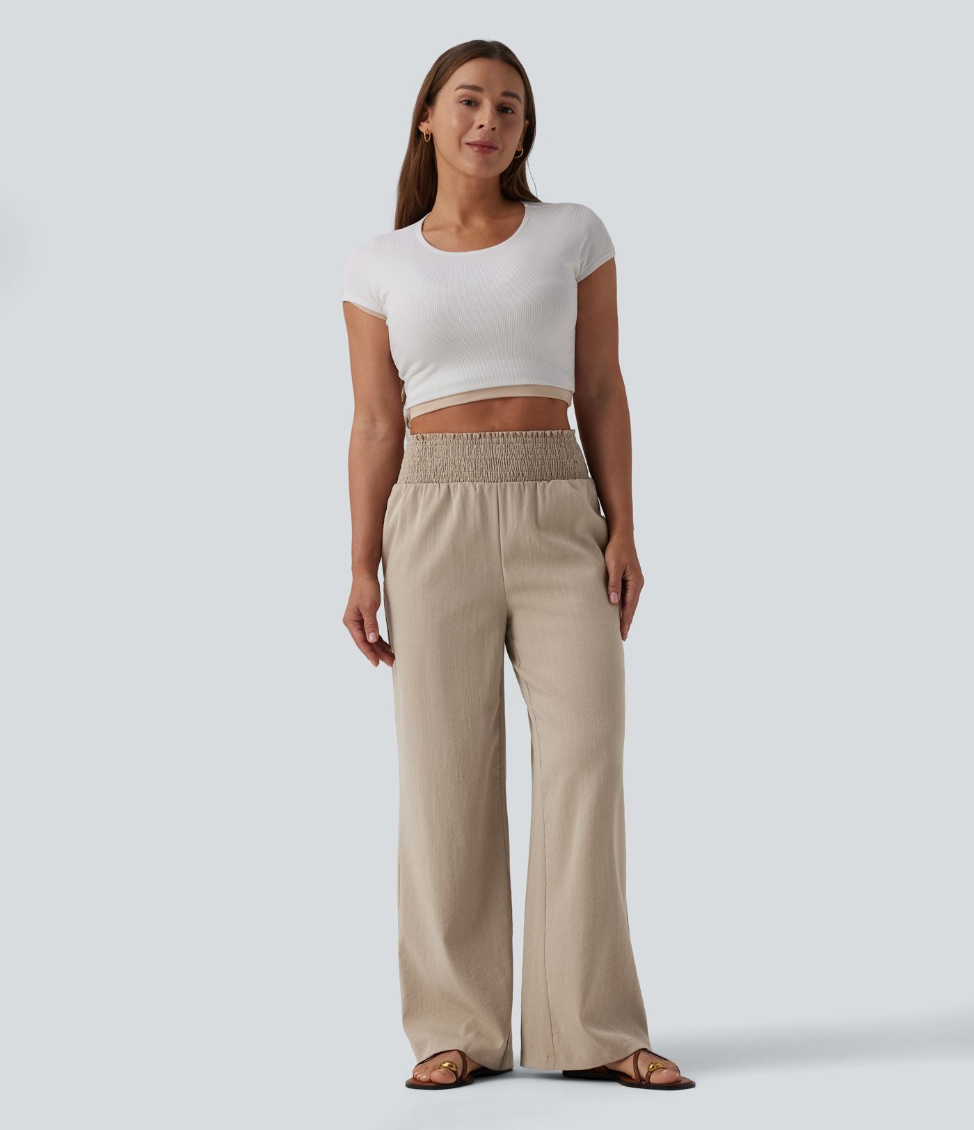 Pantalon large décontracté froncé taille haute aspect lin avec poches