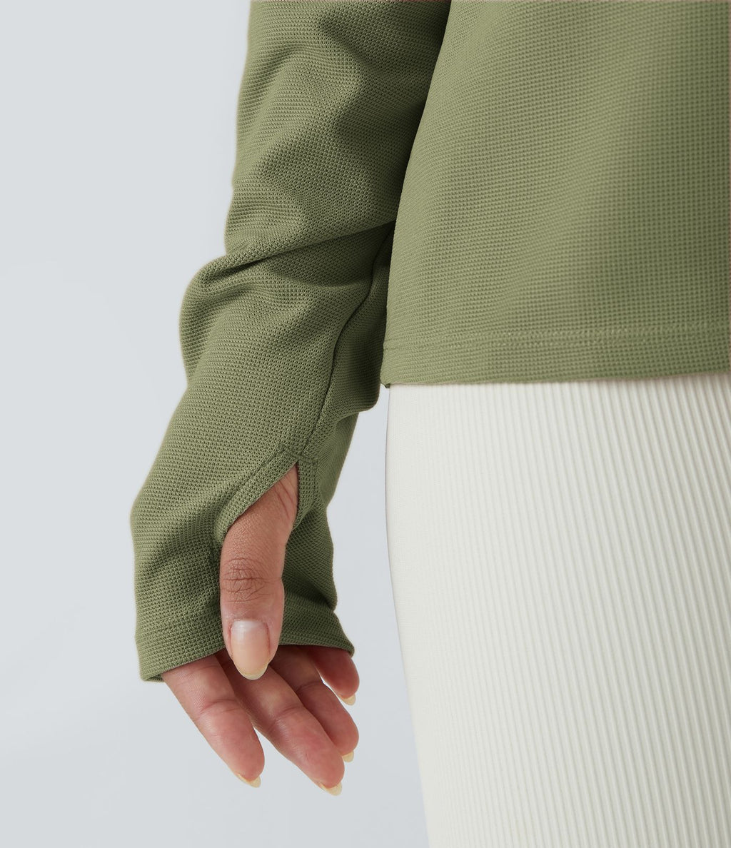 Sweatshirt Casual Waffle à Boutons Devant avec Trou Pouce et Fente