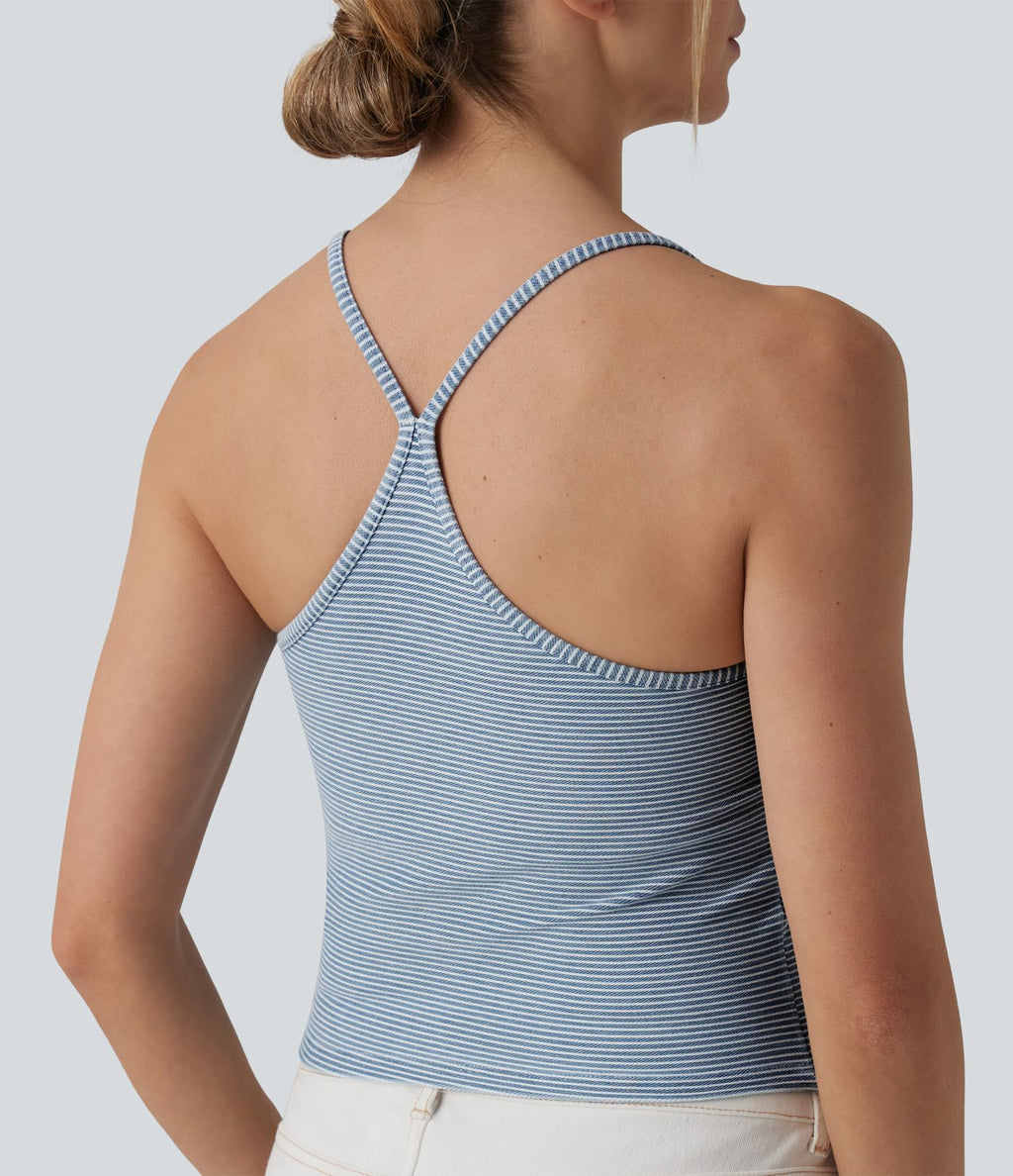 Top débardeur denim décontracté Halara Flex™ col U brassière intégrée rayé