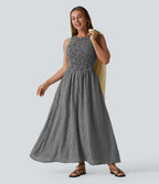 Robe midi fluide casual col rond sans manches à smocks et carreaux aspect lin avec poches