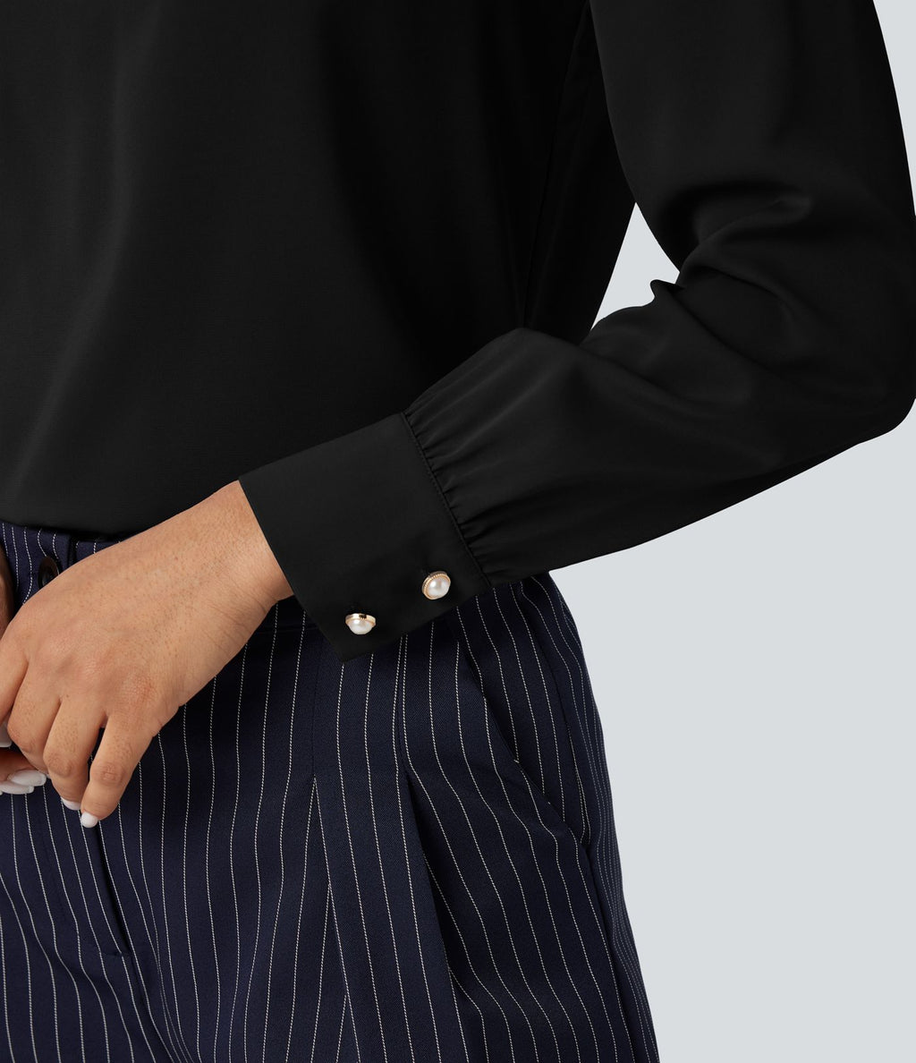 Chemise esprit bureau défroissage facile avec col lavallière, manches longues bouffantes et zip invisible au dos