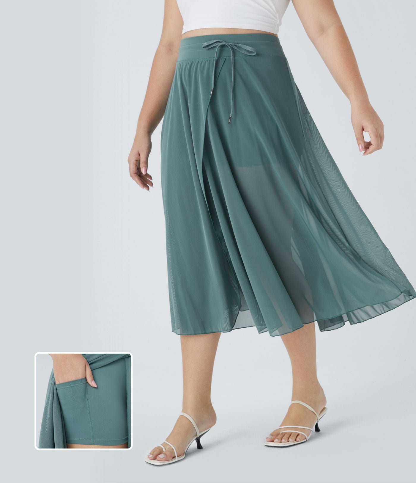 Jupe Taille Haute 2 En 1 En Maille Contrastée Avec Cordon De Serrage Et Poche Latérale Fluide Evasée Casual Grande Taille