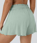 Short Casual 7,5cm Empilé Taille Haute Bordures Volantées Taille Élastique Cordon de Serrage