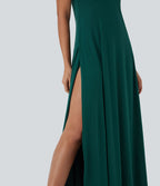 Robe longue à bretelles avec col U, dos nu, fente et coupe fluide