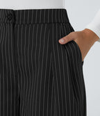 Pantalon Tailleur Large Fluide à Rayures, Taille Haute, Bouton et Fermeture Éclair, Poches Latérales