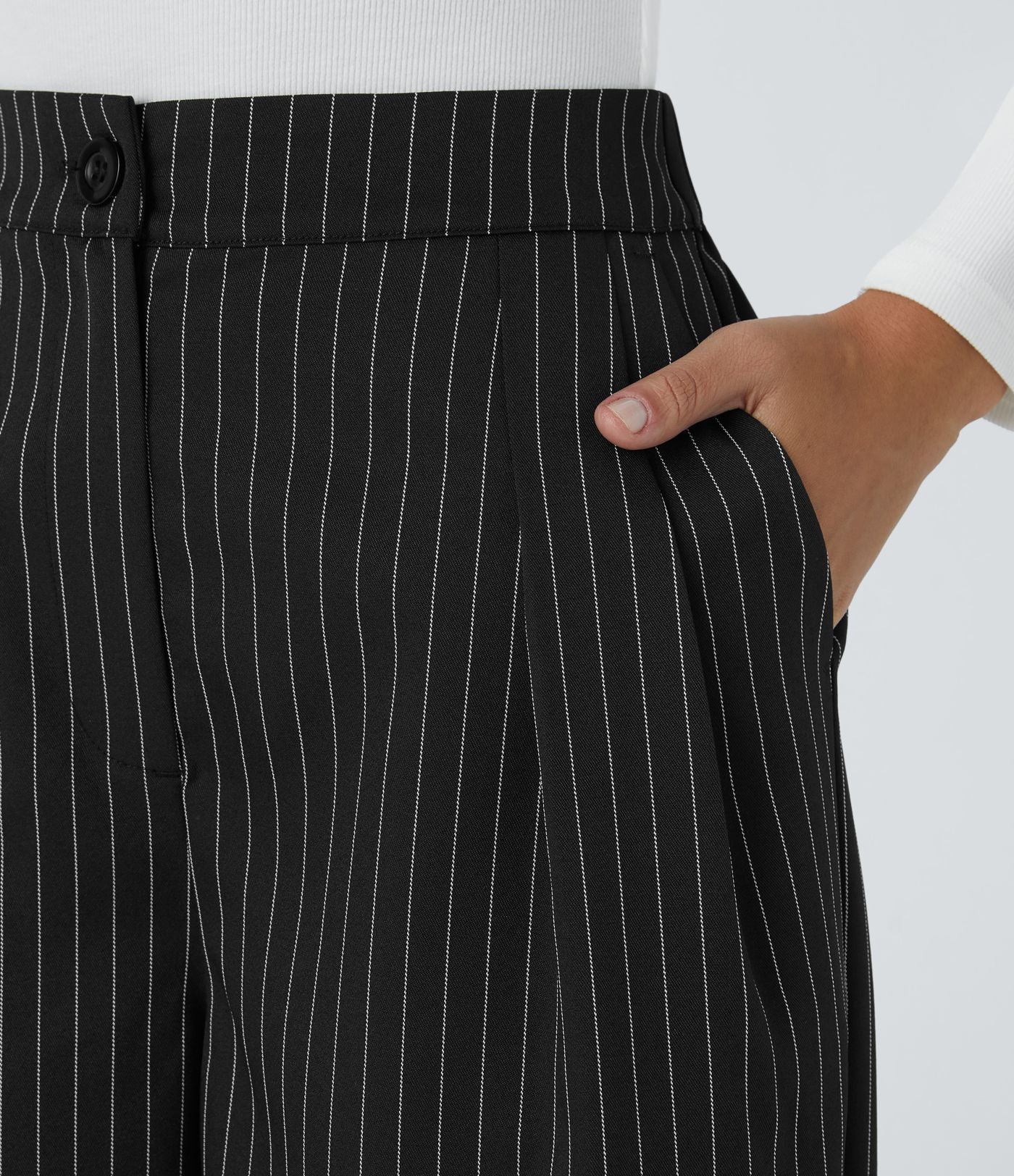 Pantalon Tailleur Large Fluide à Rayures, Taille Haute, Bouton et Fermeture Éclair, Poches Latérales