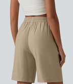 Short décontracté taille haute en lin mélangé avec cordon de serrage et poches, 25 cm