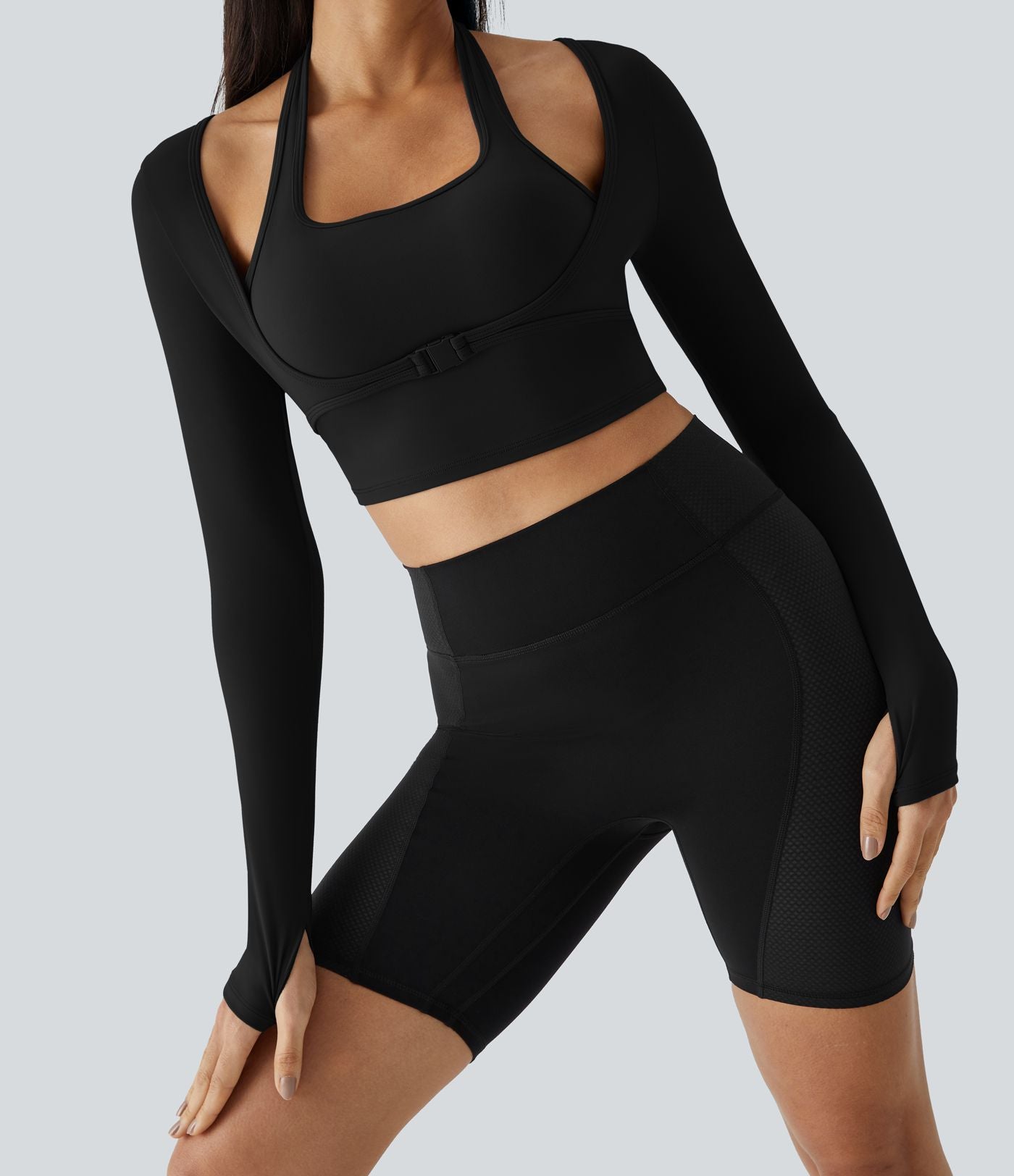 Softlyzero™ Plush Top Sport Yoga Manches Longues Trou pour le Pouce Dos Nu Col Halter