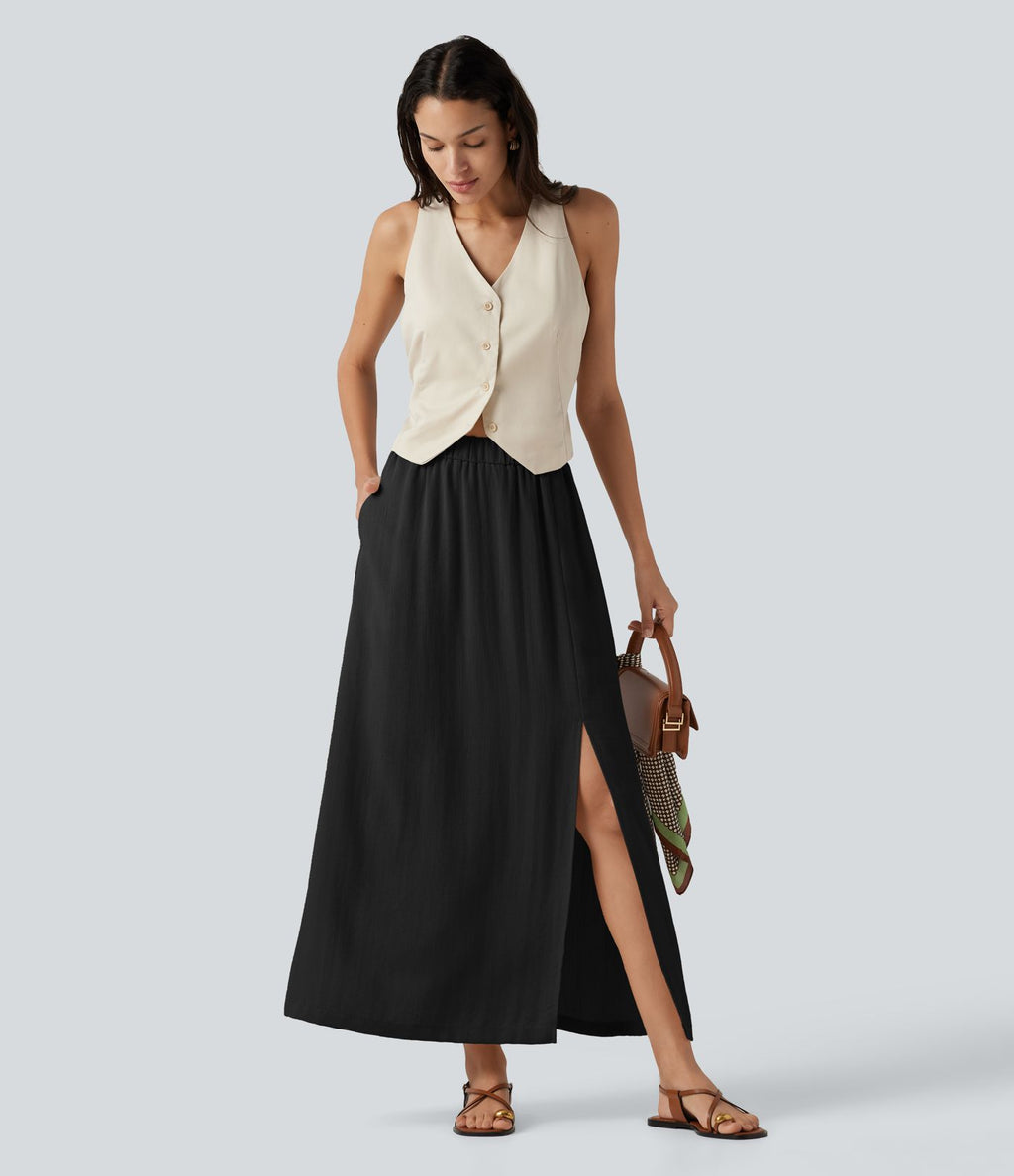 Jupe maxi effet lin taille haute avec fente à l’ourlet et poches