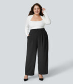 Pantalon Tailleur Droite Taille Haute Boutonnés Fermeture Éclair Plissé Poches Latérales Froncé Grande Taille