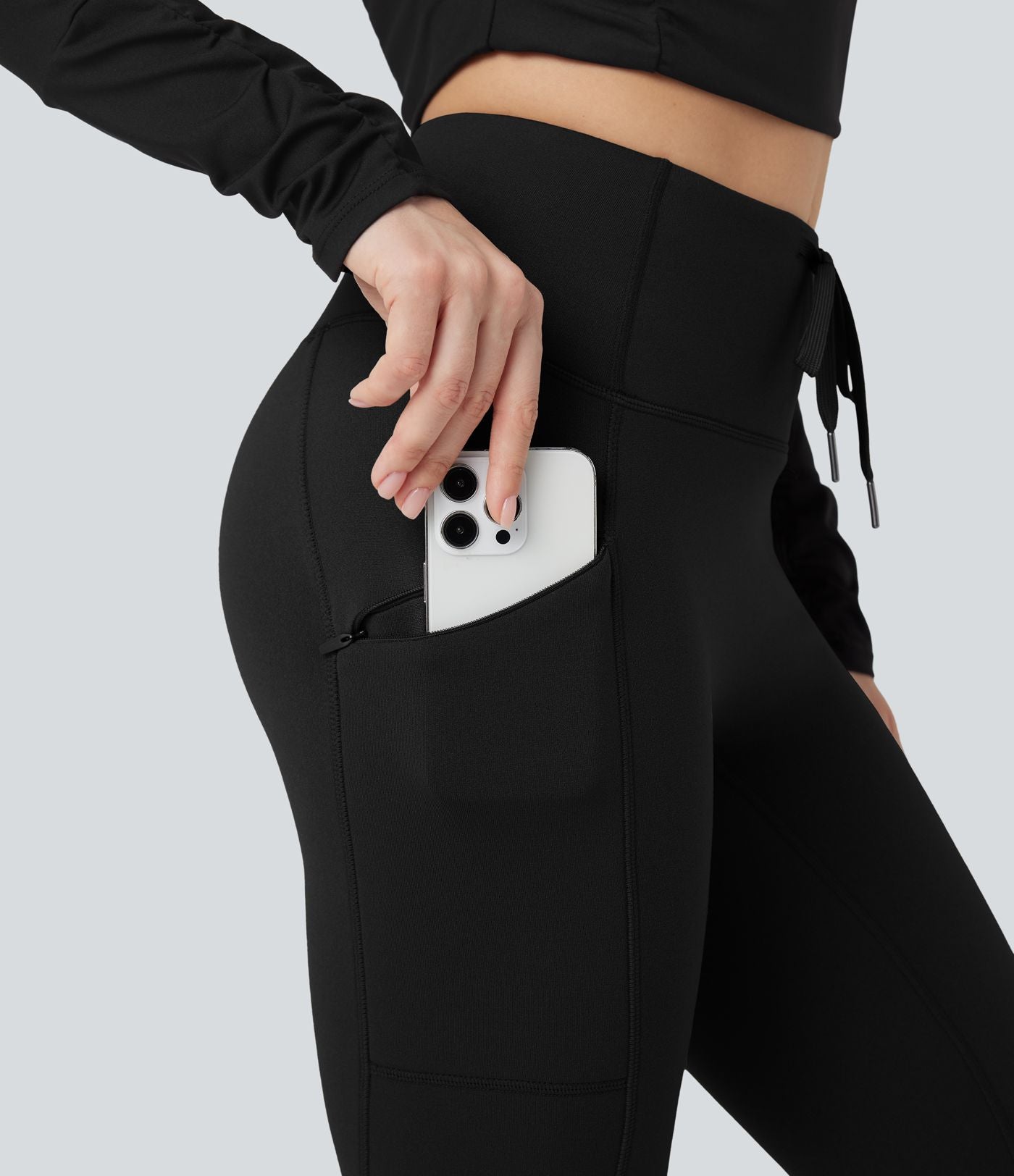 Legging de randonnée 7/8 en molleton taille haute avec cordon et poche