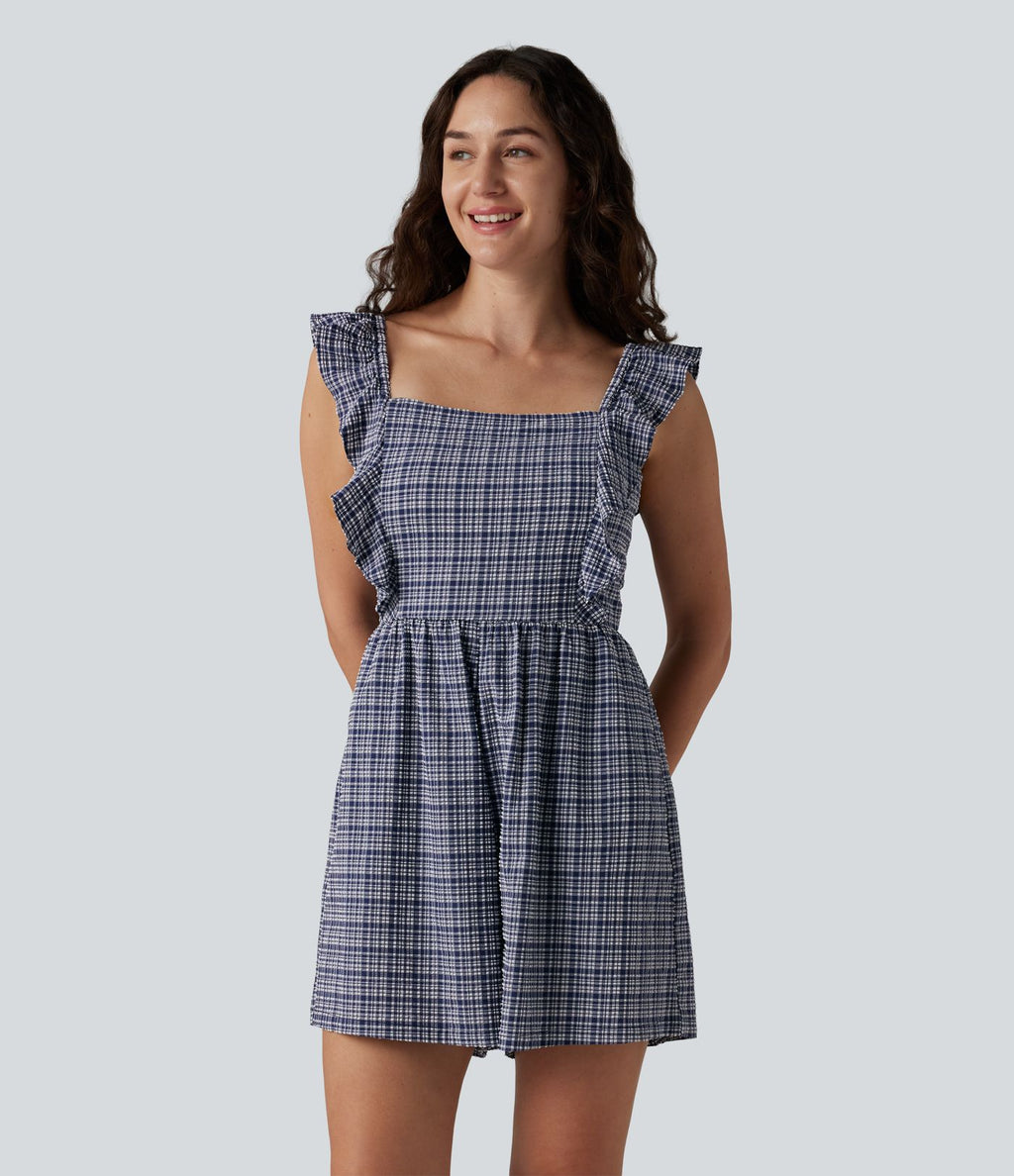 Combinaison short décontractée dos nu torsadé à volants carreaux froissés avec poches, séchage rapide - Easy Peasy