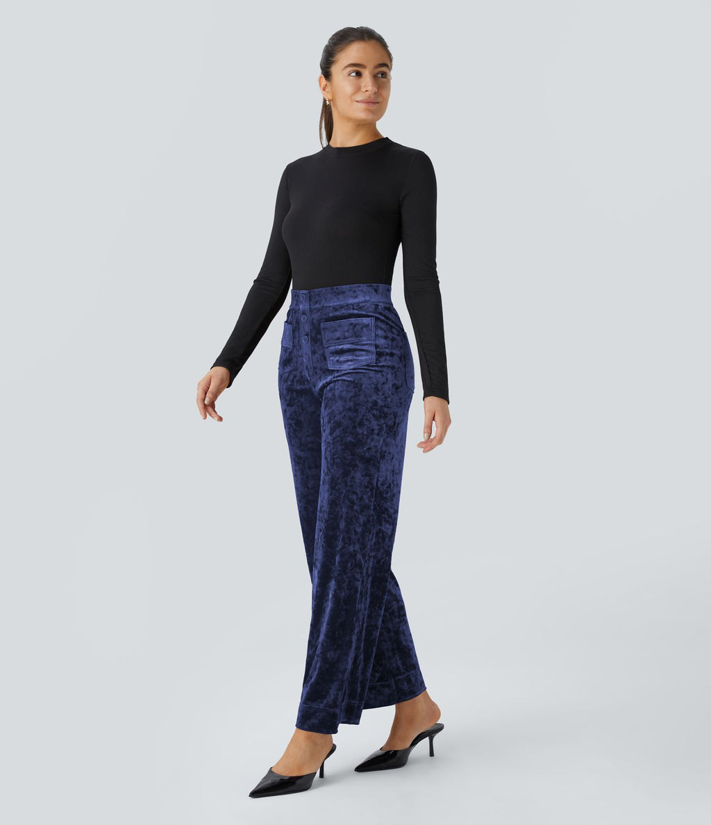 Pantalon Casual en Velours Taille Haute avec Bouton Multipoches Droites