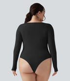 Body grande taille maille côtelée col carré manches longues ajusté