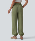 Jogging casual large ample taille haute aspect lin à cordon de serrage avec poches