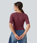 Haut de sport yoga OneForm sans couture Flow col rond échancré manches courtes