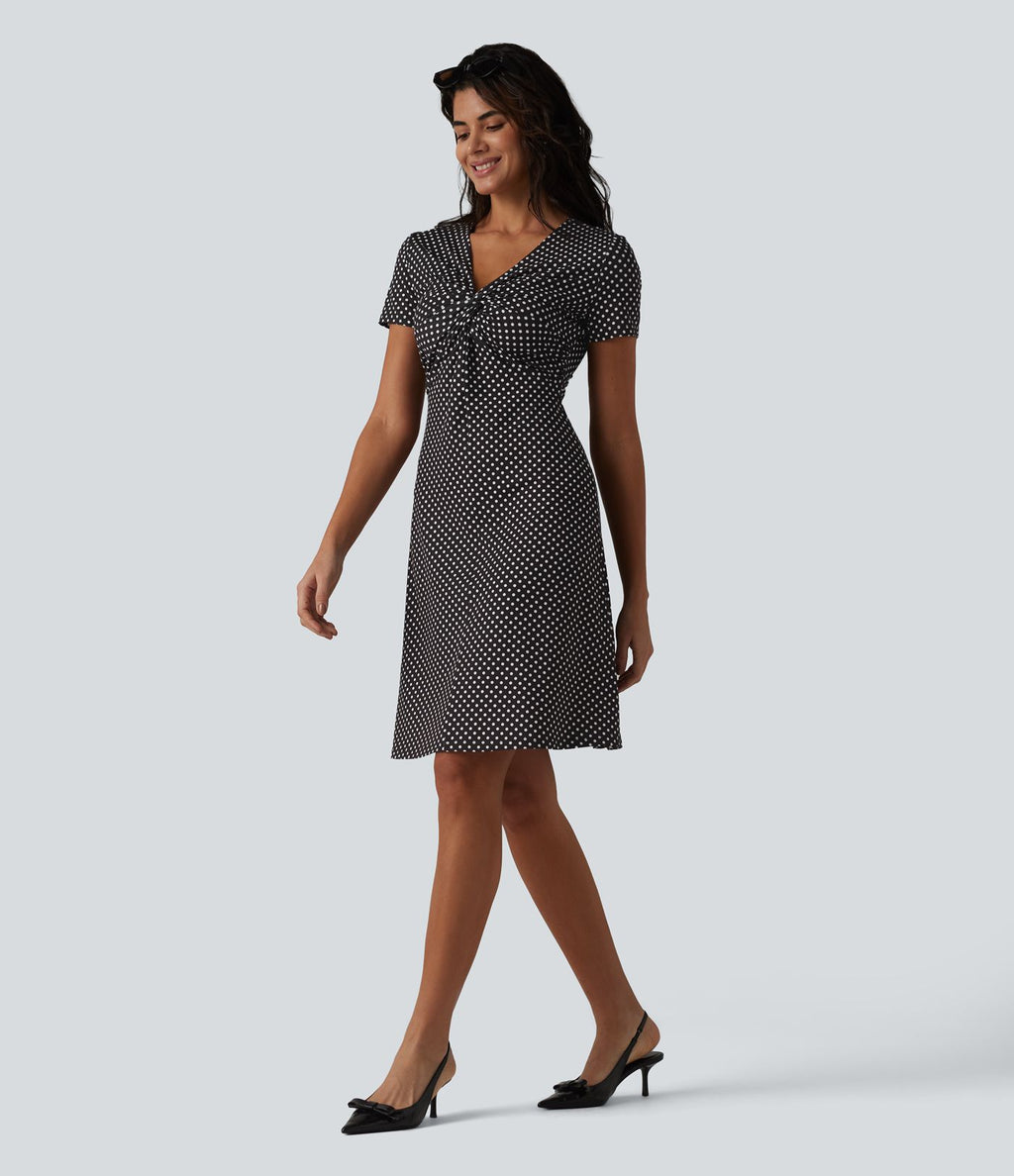 Robe casual à col V, manches courtes et imprimé à pois longueur genou