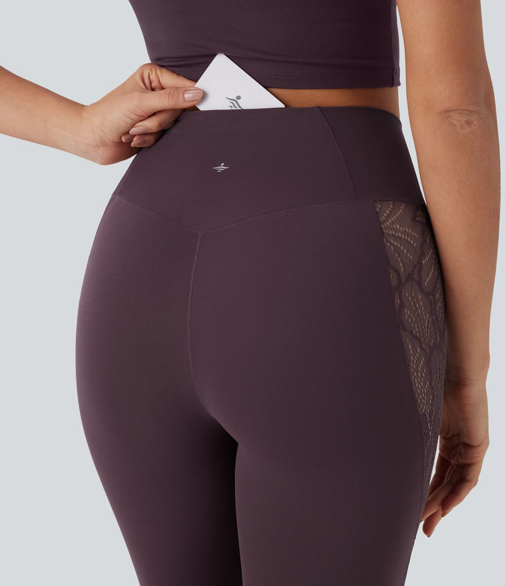 Softlyzero™ Legging Yoga 7/8 Taille Haute avec Poche au Dos Découpe Croisée et Dentelle Contrastante
