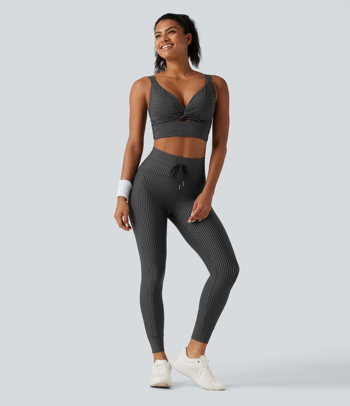 Legging de yoga rayé taille haute avec cordon de serrage et poches