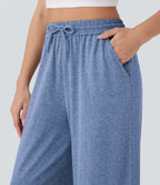 Pantalon large décontracté taille haute avec cordon de serrage et poches latérales