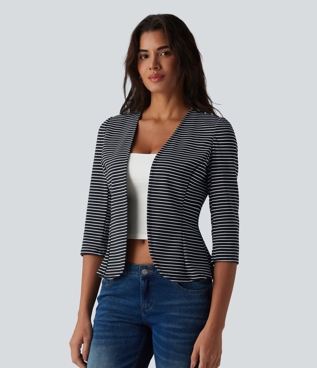 Blazer casual ouvert col V manches 3/4 à rayures en maille côtelée