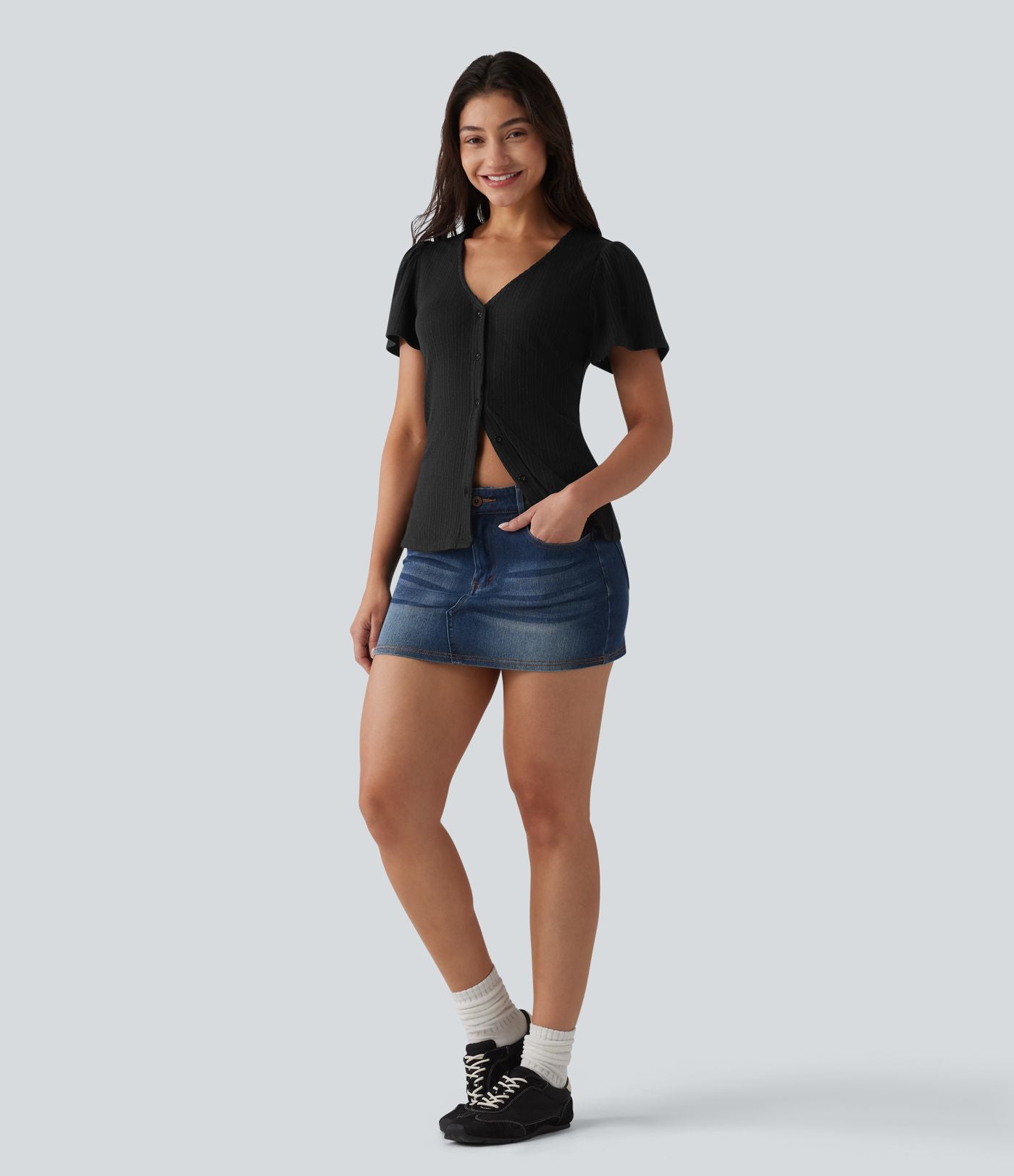 Top casual col V à manches courtes