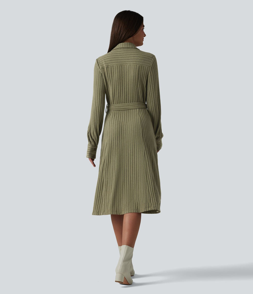Robe de bureau mi-longue en maille côtelée à manches longues avec ceinture