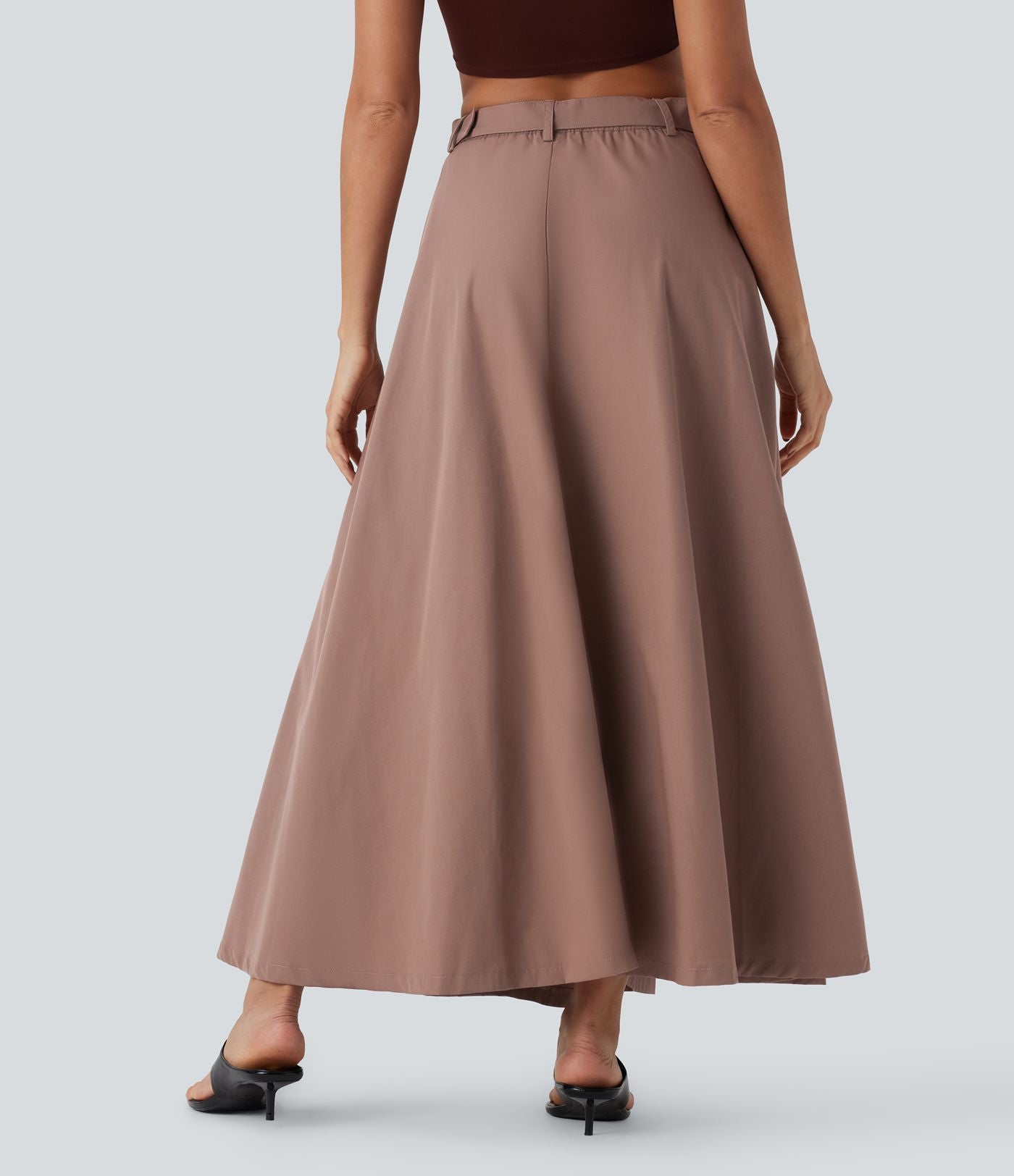 Jupe longue décontractée taille mi-haute avec ceinture fermeture éclair fente et poches latérales