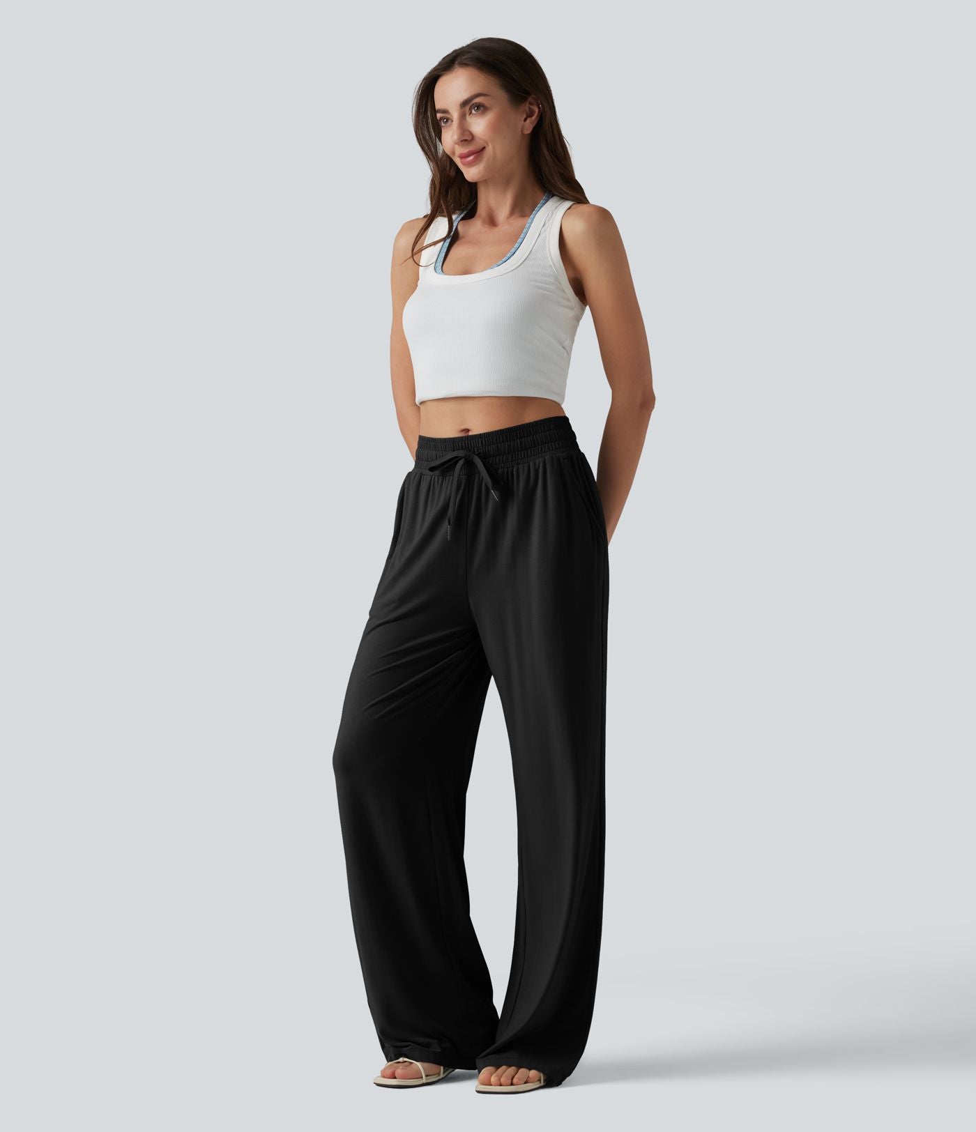 Pantalon large décontracté taille mi-haute avec cordon de serrage et poches