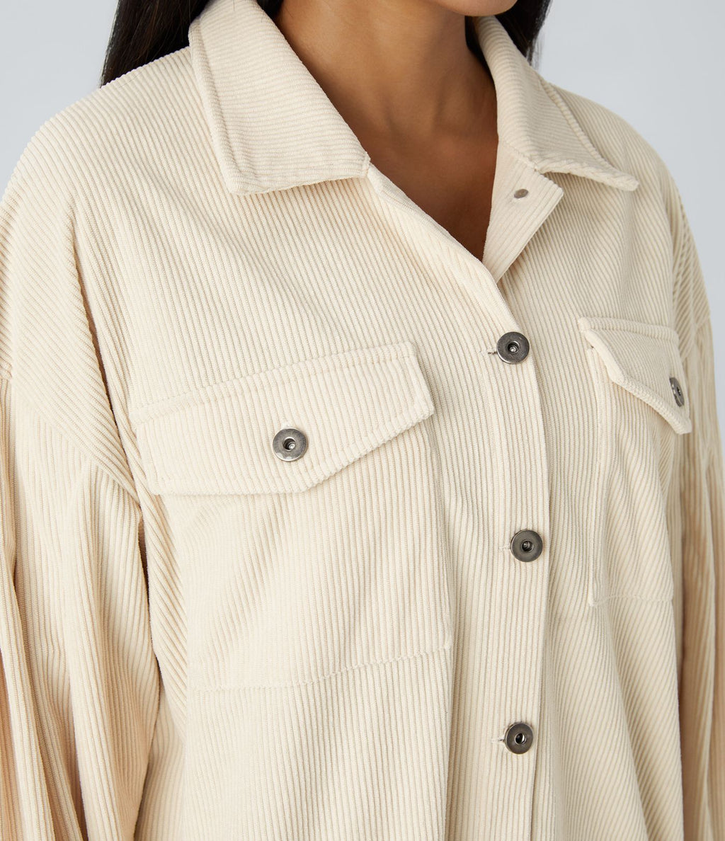 Veste Casual en Velours Côtelé à Col Boutonné Poches et Manches Longues Ourlet Courbé