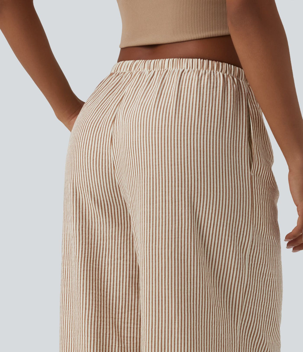 Pantalon large casual taille basse aspect lin rayures avec cordon de serrage et poches