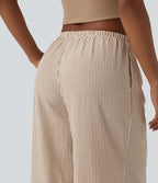 Pantalon large casual taille basse aspect lin rayures avec cordon de serrage et poches
