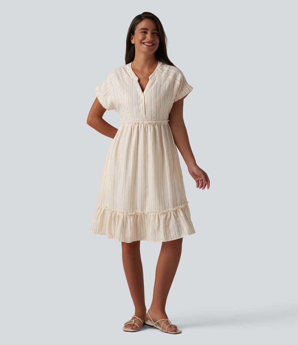 Robe décontractée mini col V manches courtes à rayures avec poches